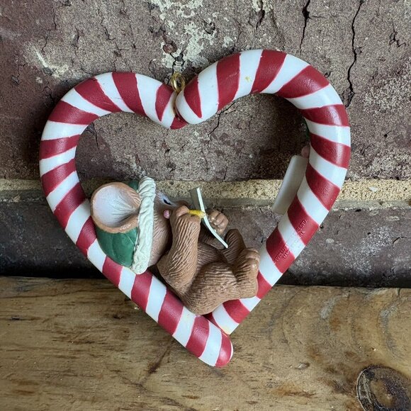 Whimsical Heart Shaped Candy Cane Mouse Ornament Hat & Bell Vintage Christmas - Picture 3 of 4